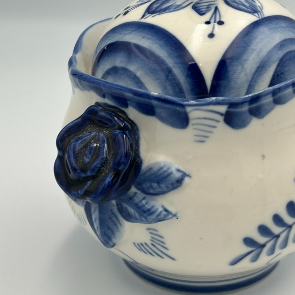 Russian GZHEL Porcelain Blue White Sugar Candy Bowl Lid Vintage Handmade Painted - Picture 6 of 13